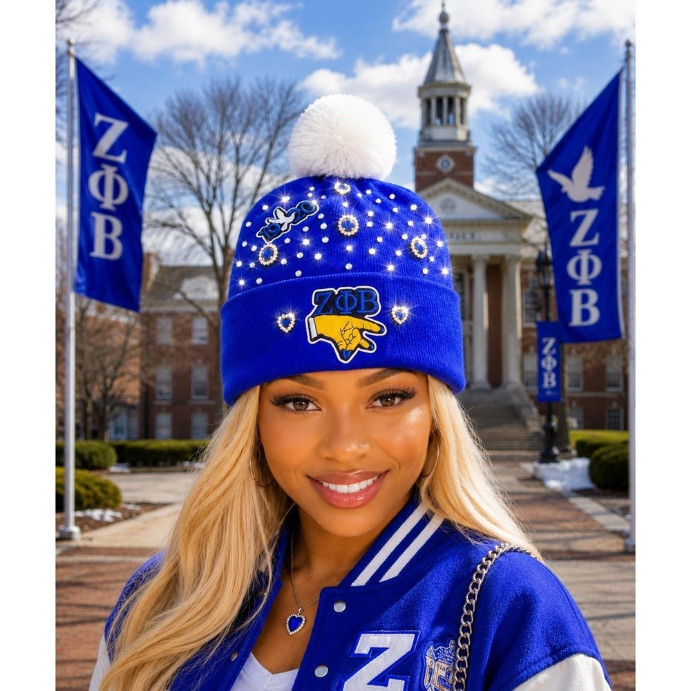 Zeta Phi Beta Blue Beanie design with logo & rhinestones and white pompom
